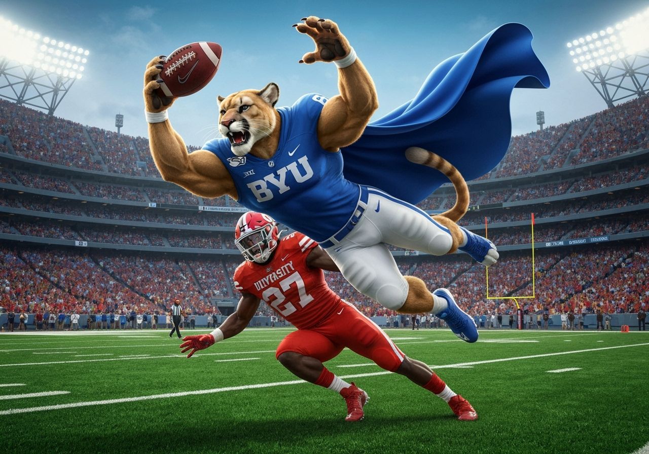 Anthropomorphic Cougar Leaping Catch in Stadium Photo