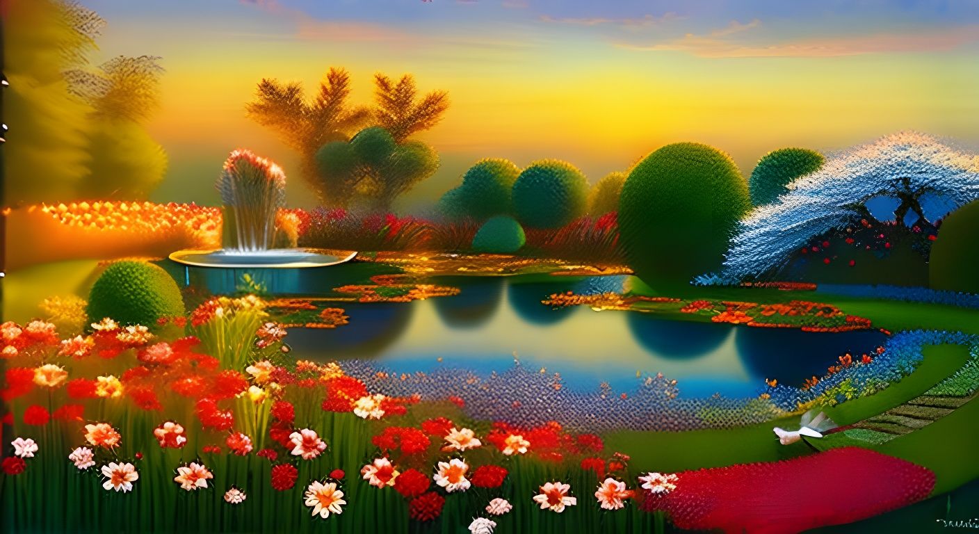 Abundant Flower Garden with Pond in Watercolor Style