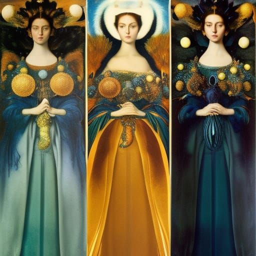 Fire and Sea Queens in Baroque Aetherpunk Style