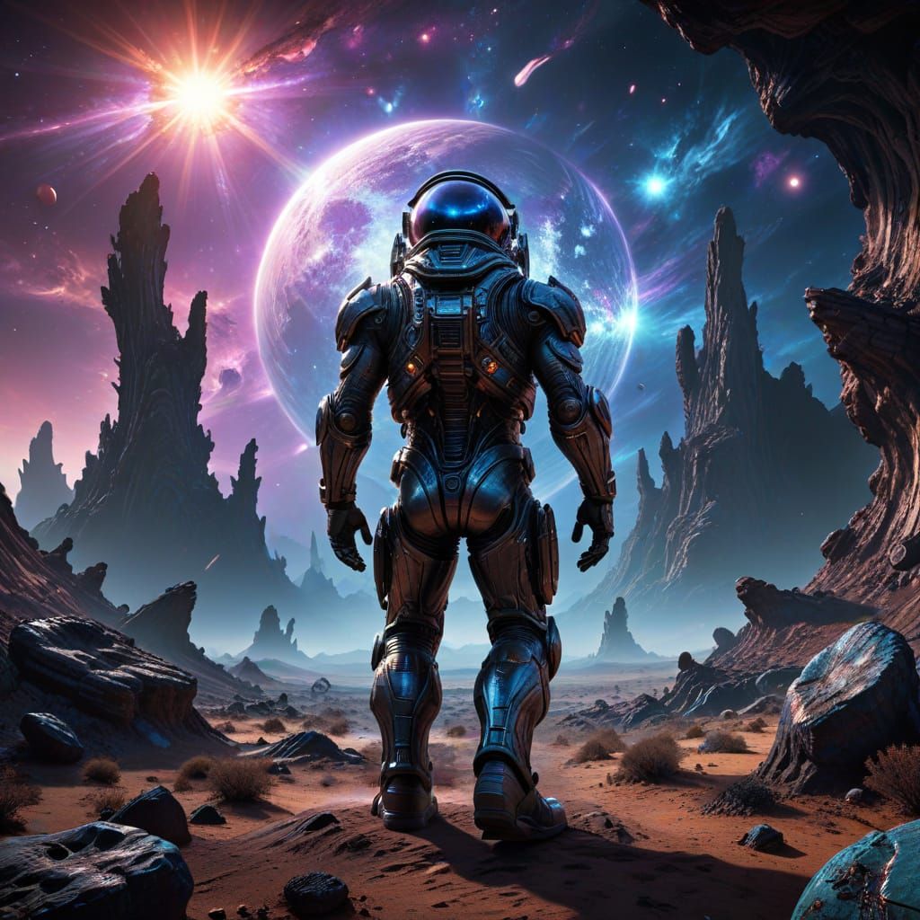 Astronaut Explores Alien Planet Under Nebula Sky