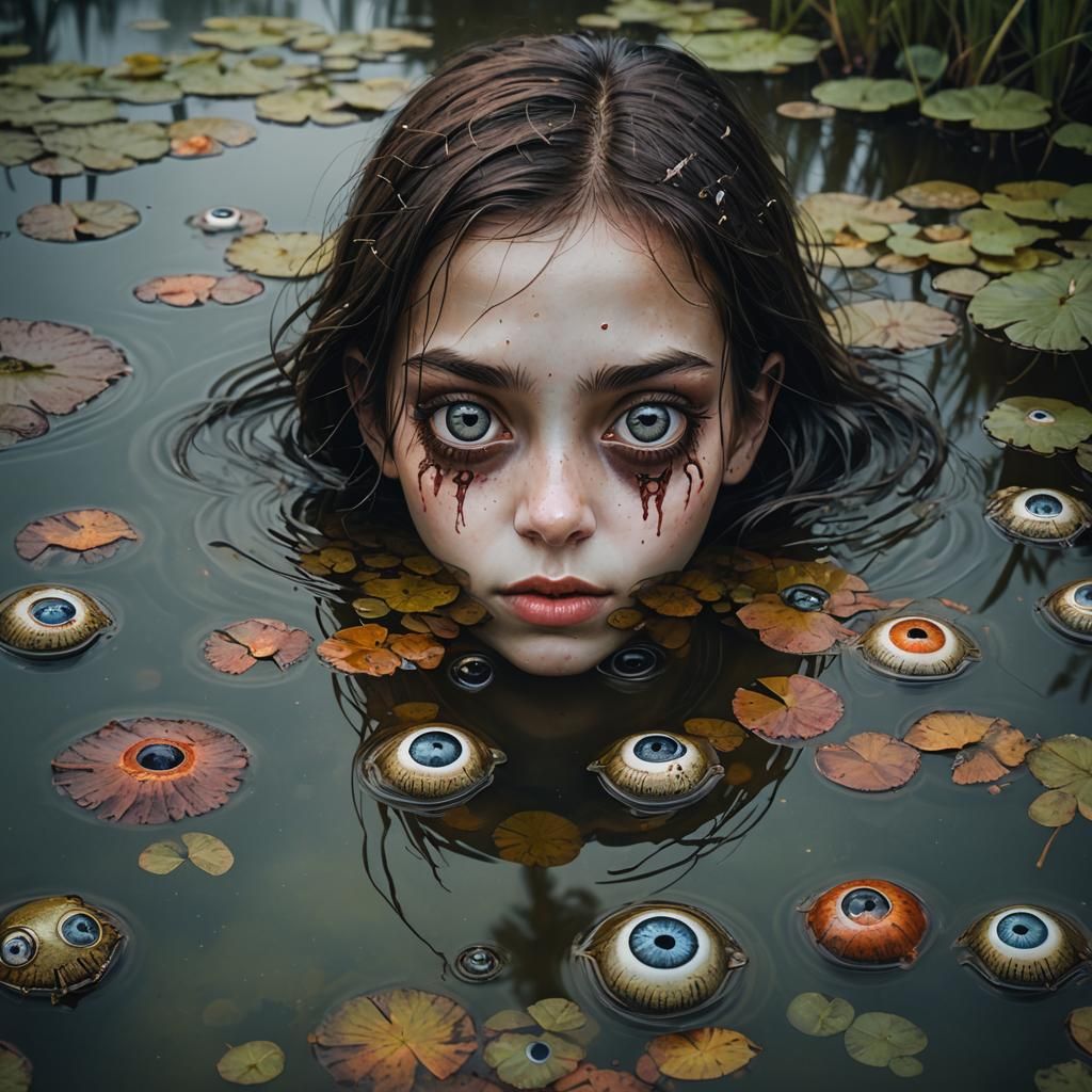 Eerie Eyeball Girl Hiding in Murky Pond
