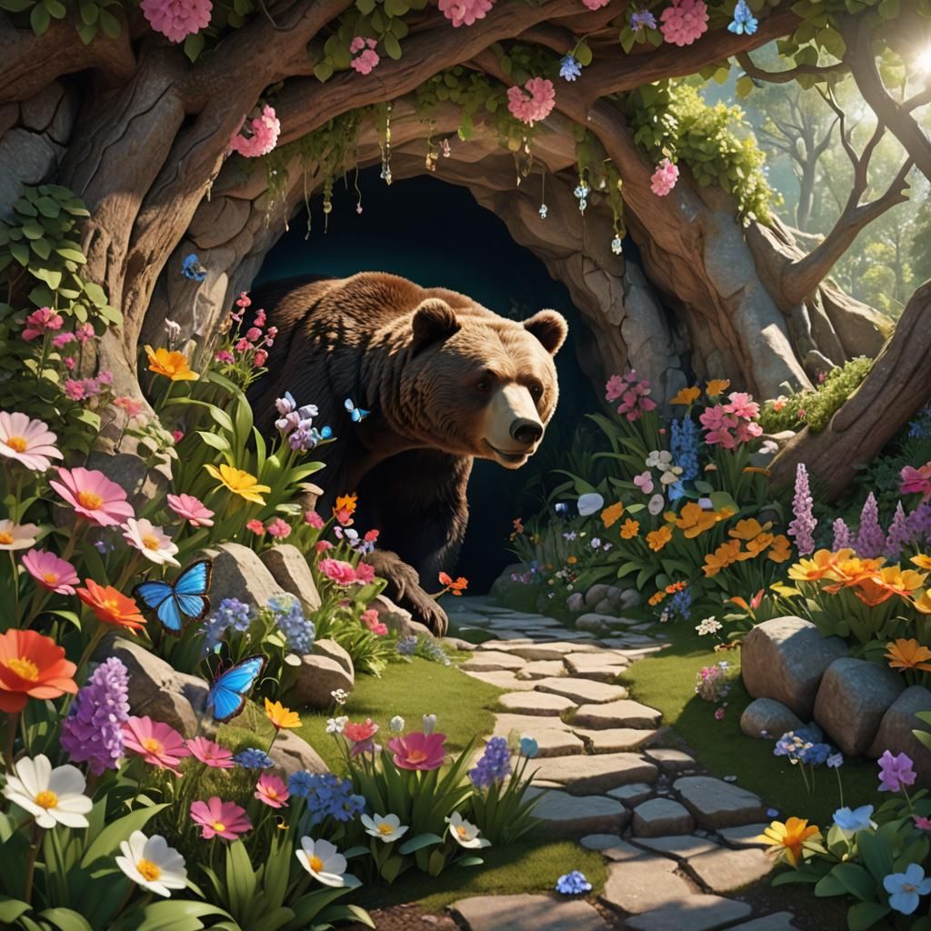 Bear Awakens to Spring in Cartoon Grotto