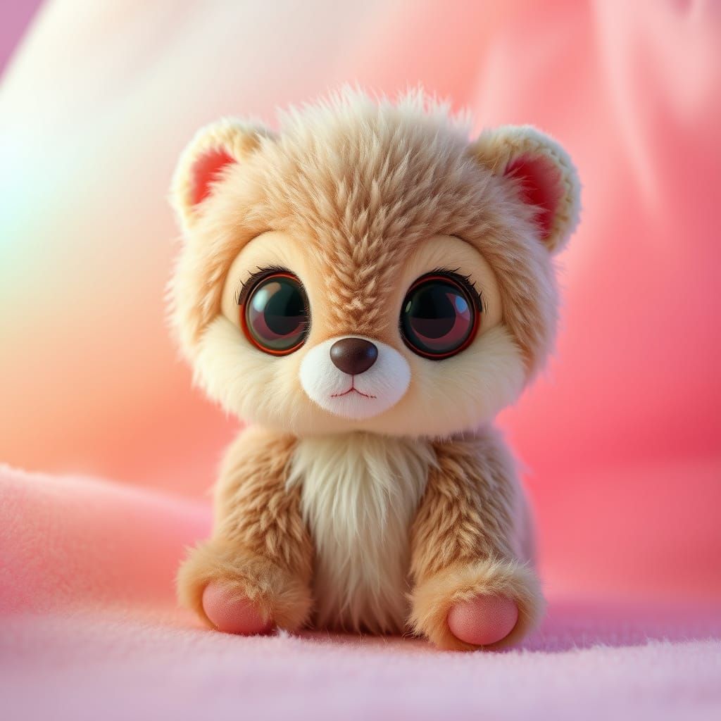 Whimsical Plush Toy in Vibrant, Pastel Environment