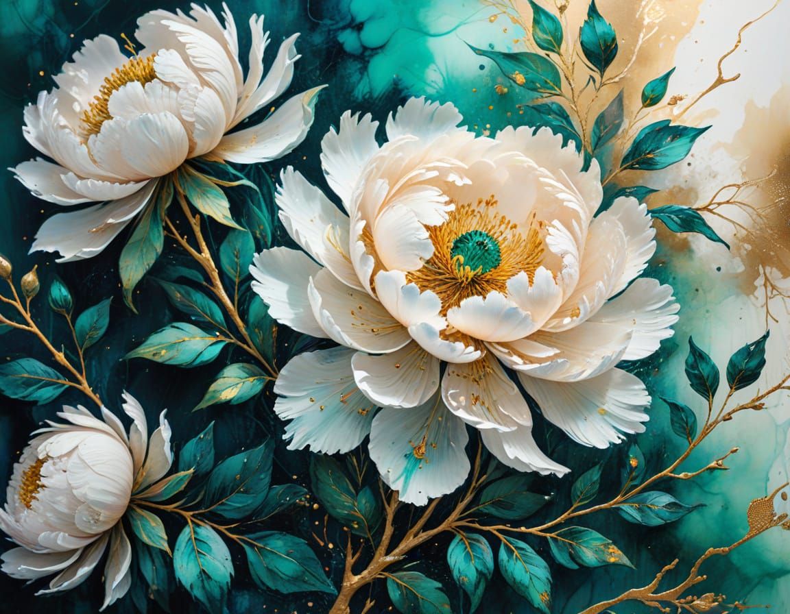 Surreal Watercolor Peony Blooms with Emerald Green Leaves