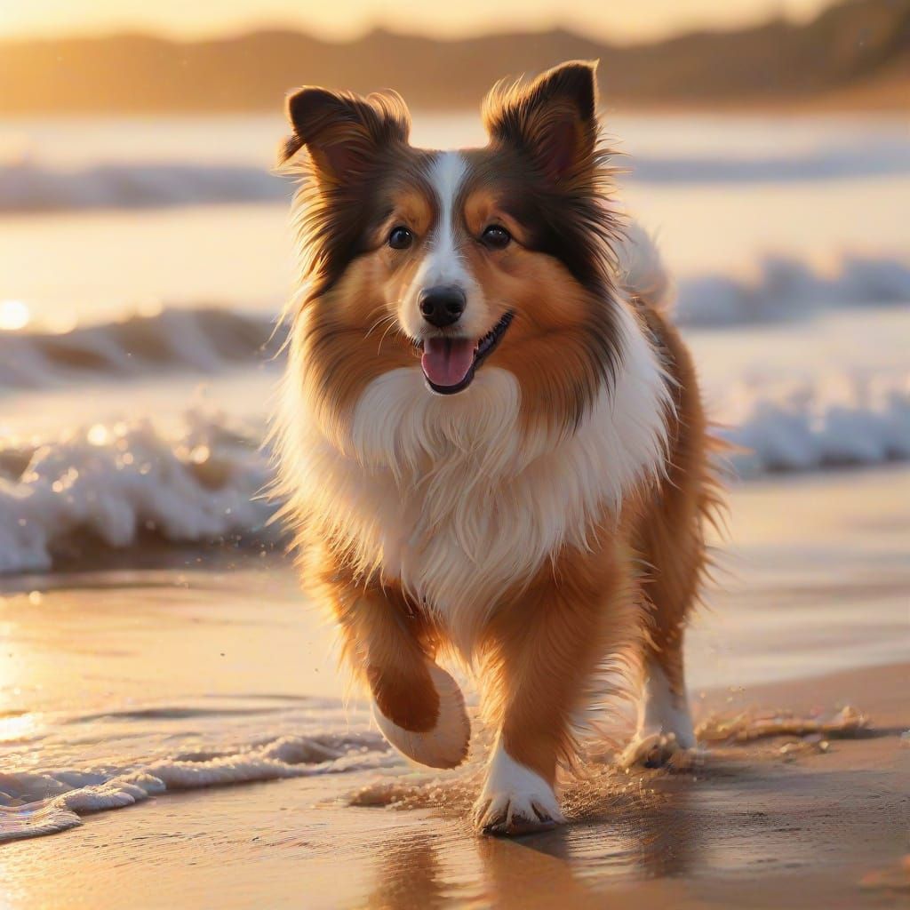 Sheltie Chasing Waves: Coastal Impressionism in Digital Art