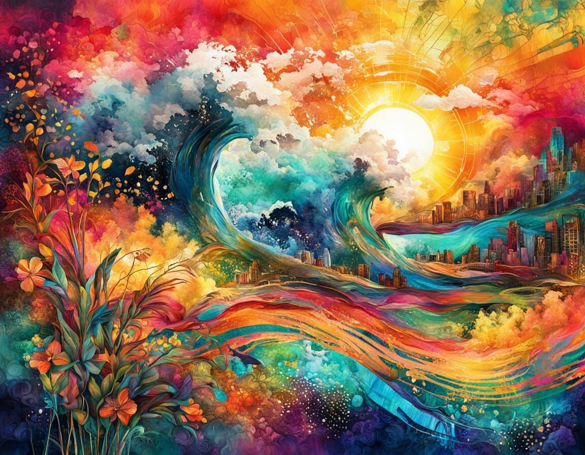 Dynamic Mixed Media Sunset Artwork with Bold Textures