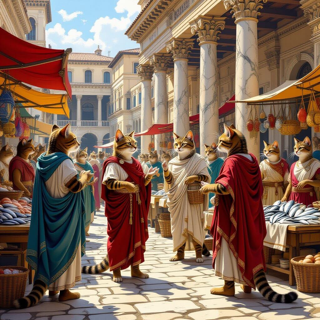 Anthropomorphic Cats in a Roman Marketplace