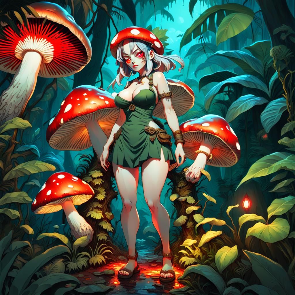Mushroom Girl in Jungle: Hyperrealistic Splash Art