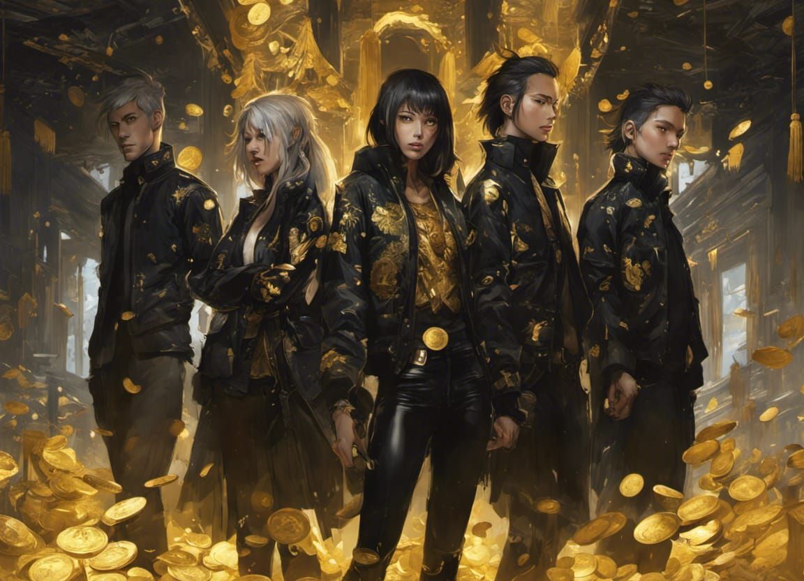 Group in Bomber Jackets Surrounded by Gold