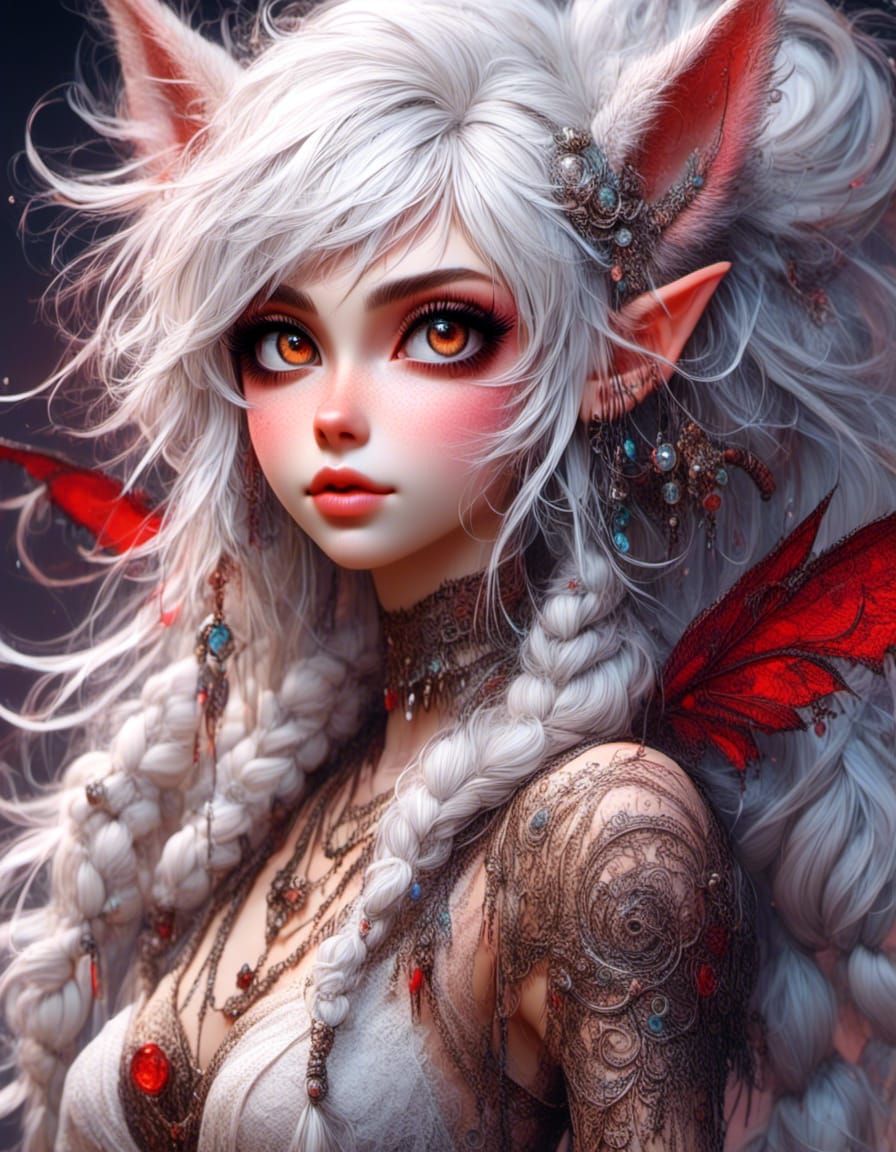 Shy Wolf Pixie with Red Eyes in Digital Painting