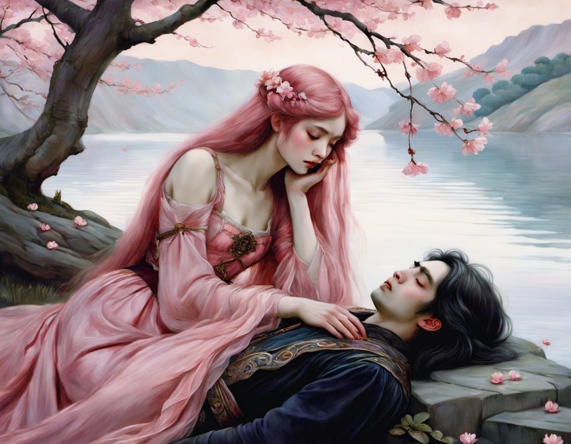 Pre-Raphaelite Vampire Cries over Sleeping Prince