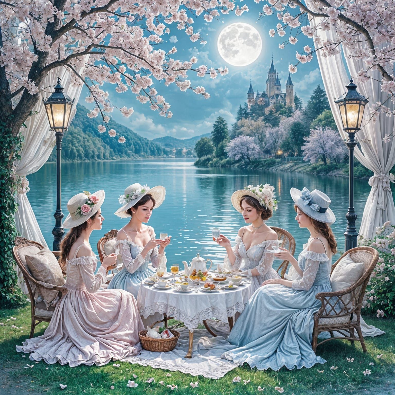 Victorian Tea Party by Moonlit Lake in Watercolor