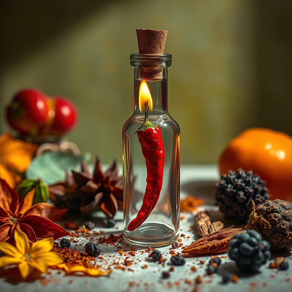 Spicy Chili in Glass Bottle: Still-Life Art