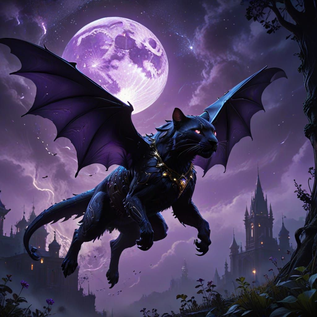 Panther-Bat Hybrid soars through the Dark Fantasy Night Sky