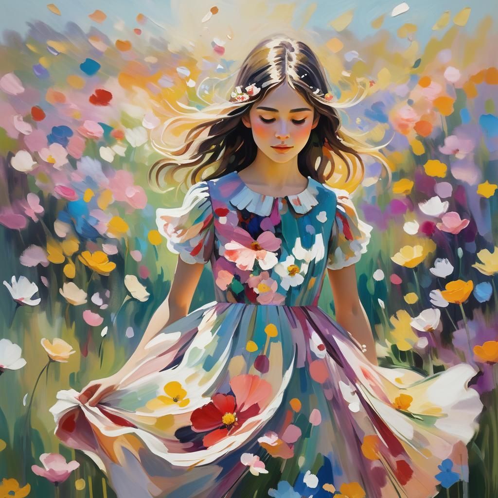 Girl in Flower Field: Impressionist Oil Painting