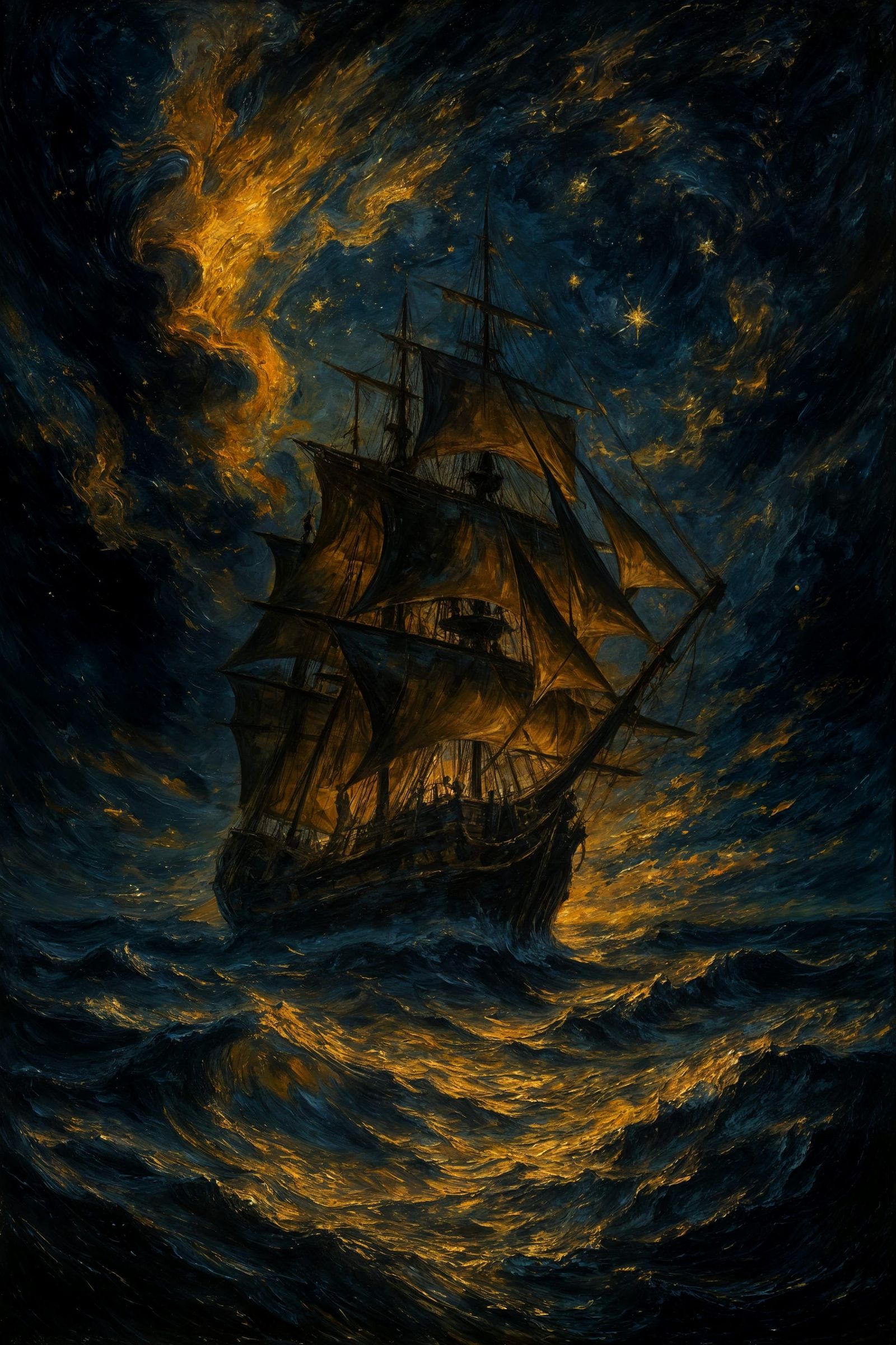 Golden Galleon on Stormy Sea: An Impasto Oil Painting