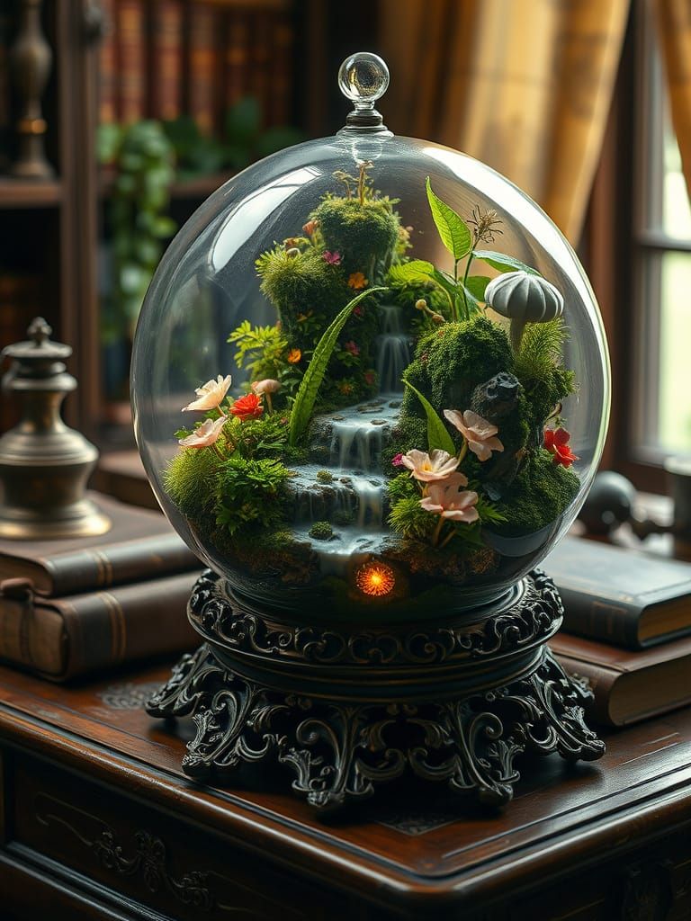 Lush Miniature Ecosystem in Glass Orb, Art Nouveau Style