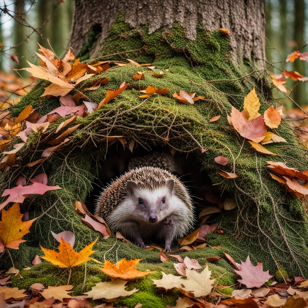 Hedgehog Building Autumn Nest Under Spruce