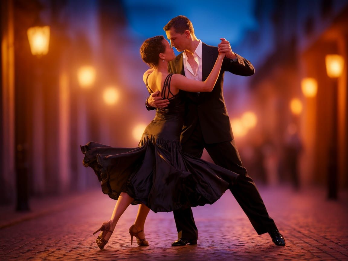 Passionate Tango Dancers in Warmly Lit Cobblestone Streets