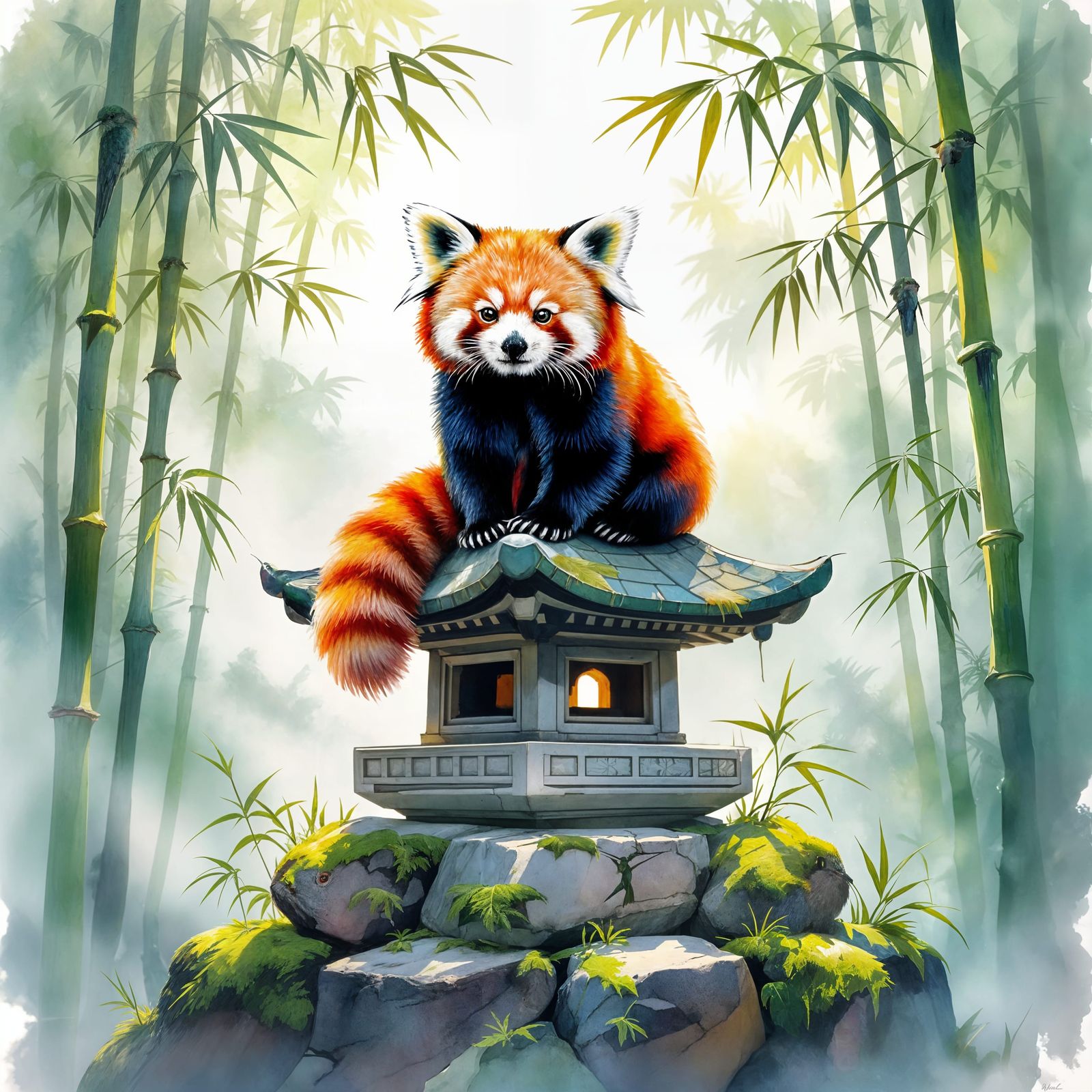 Red Panda on Pagoda in Misty Bamboo Forest
