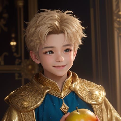 Boy Holding Magical Golden Fruit in Warm Glow