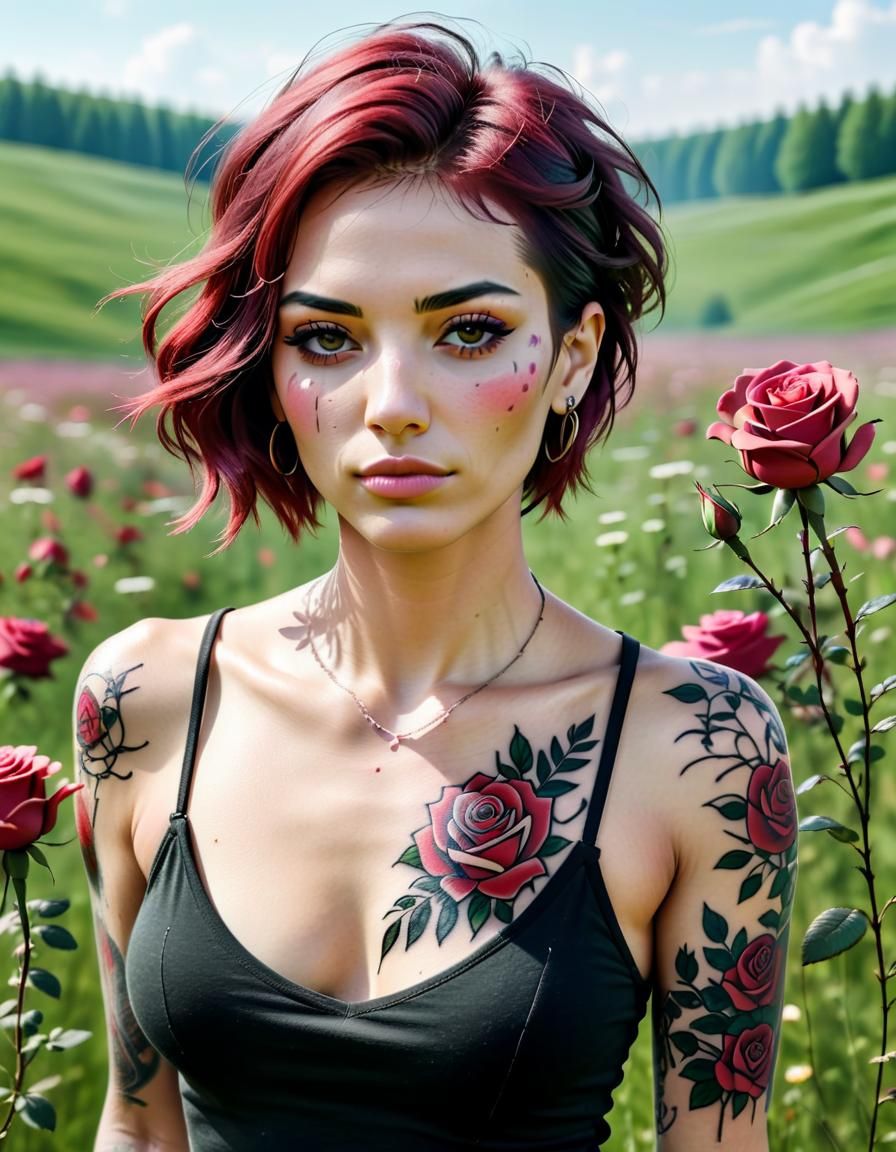 Woman with Rose Tattoo in Blooming Meadow