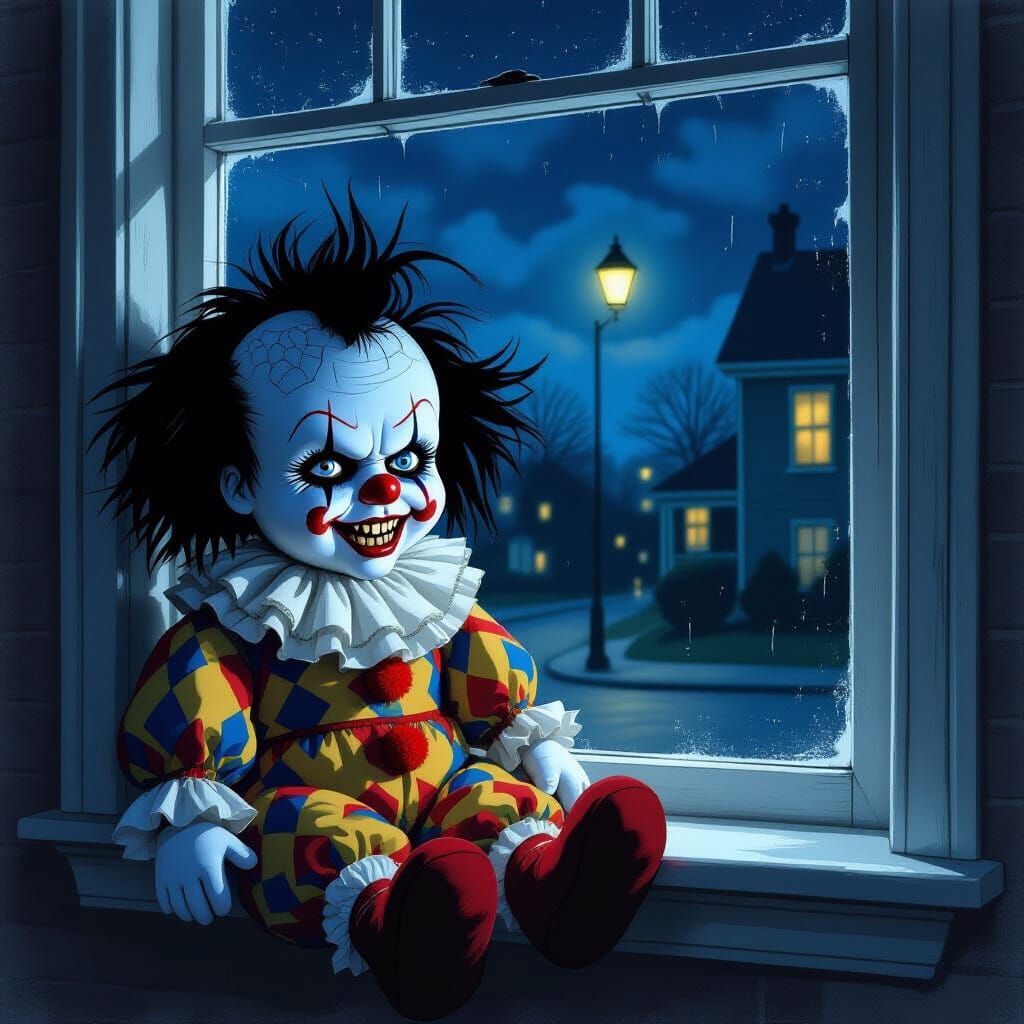 Menacing Clown Rag Doll on Windowsill