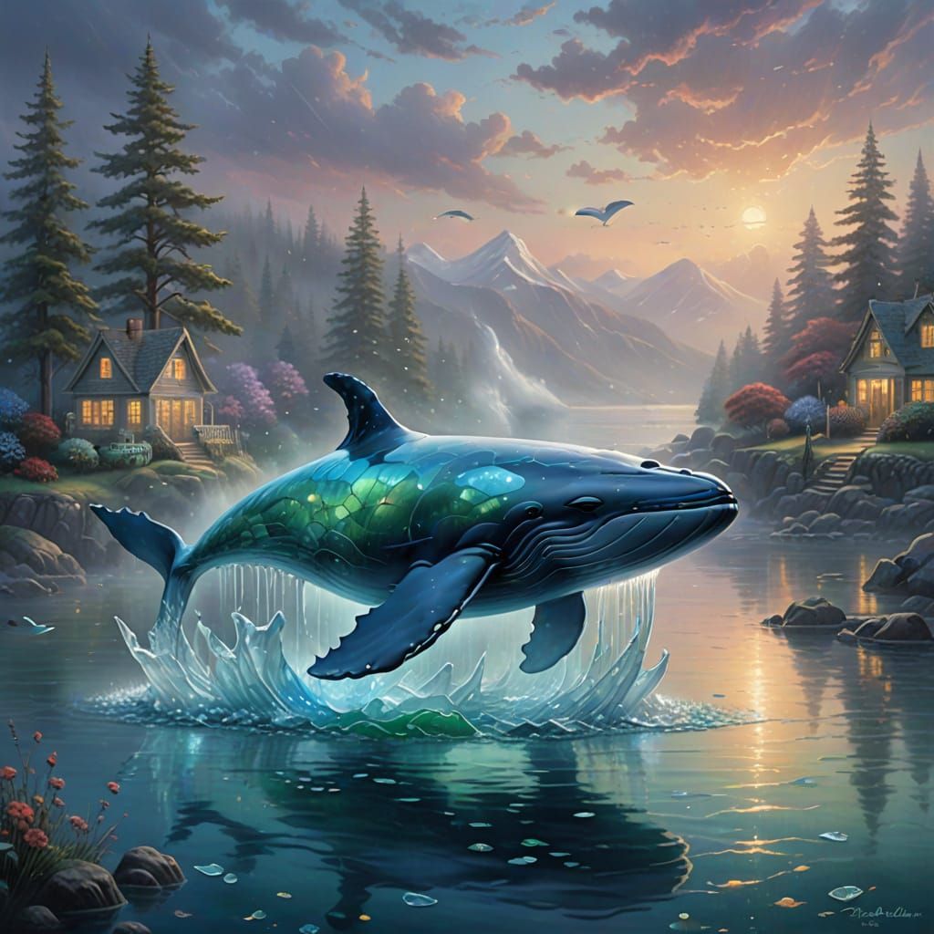 Ethereal Sea Glass Whale Sculpture in Misty Waters
