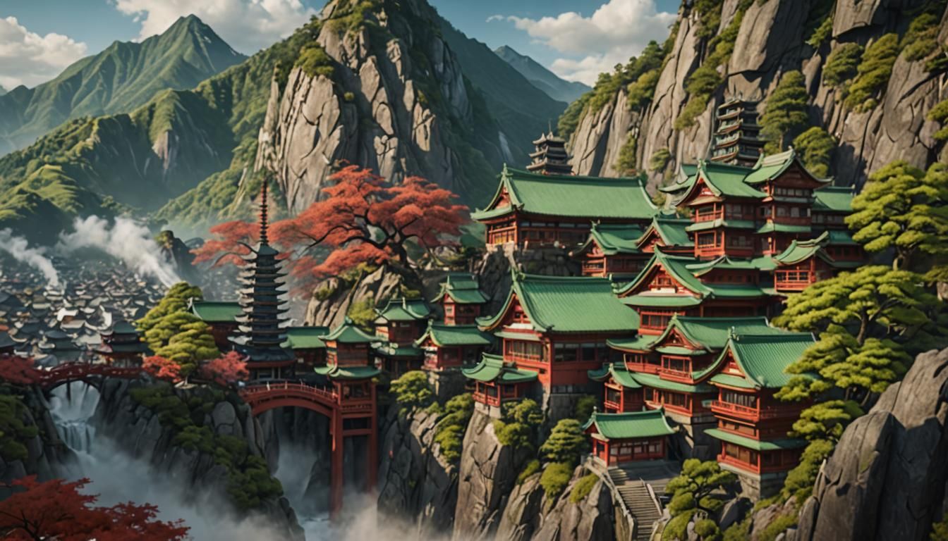 Japanese Town with Dragon: Fantasy Concept Art