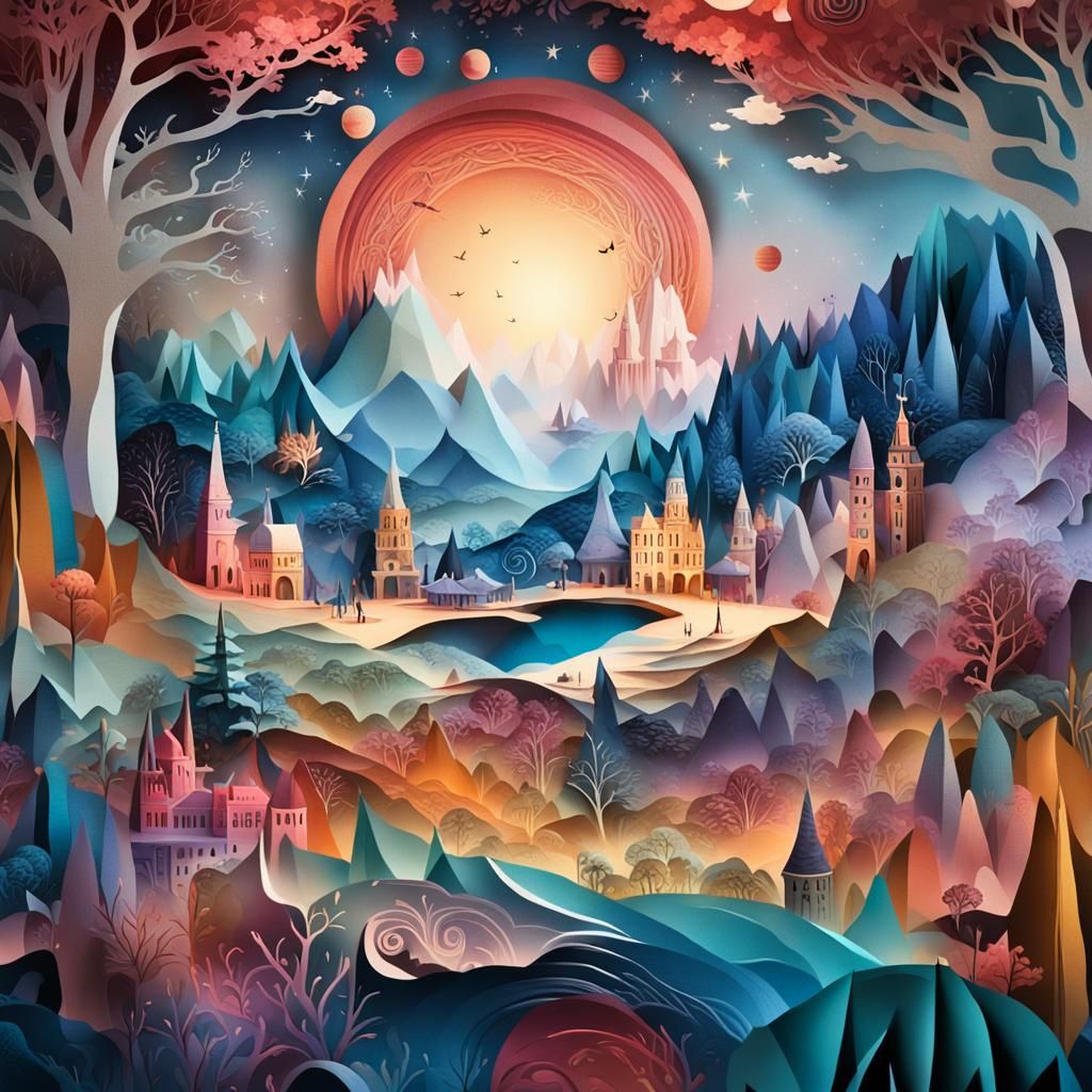 Dreamy Surreal Landscape in Multicolor Paper Style