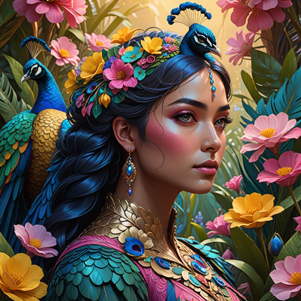 Vibrant Art Nouveau Peacock Portrait in a Lush Garden