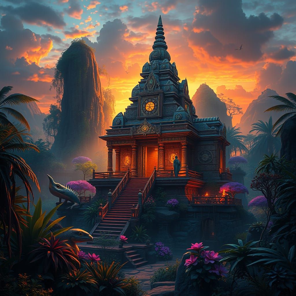 Ancient Jungle Temple at Sunset in Vibrant Colors