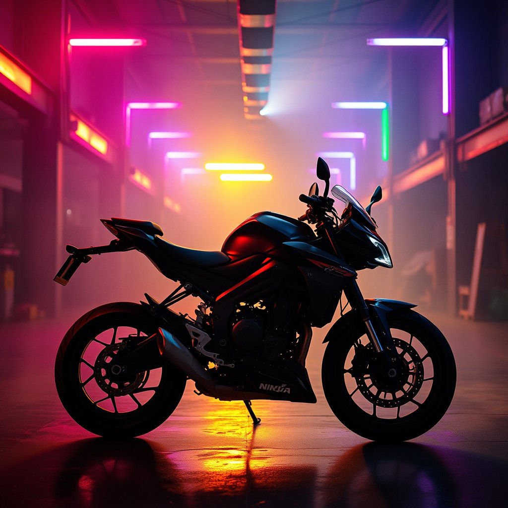 Ninja 650R in Smoky Warehouse with Neon Lights