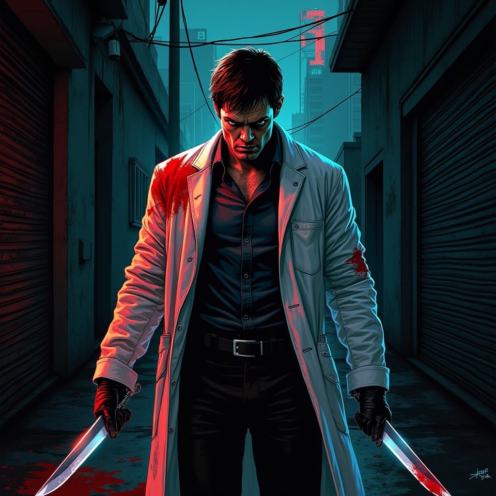 Gritty Miami Alleyway, Blood-Splattered Forensic Analyst