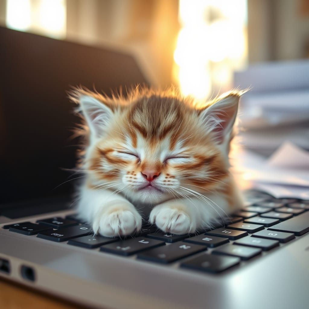 Tiny Kitten Snuggles Up to Laptop in Warm, Golden Light