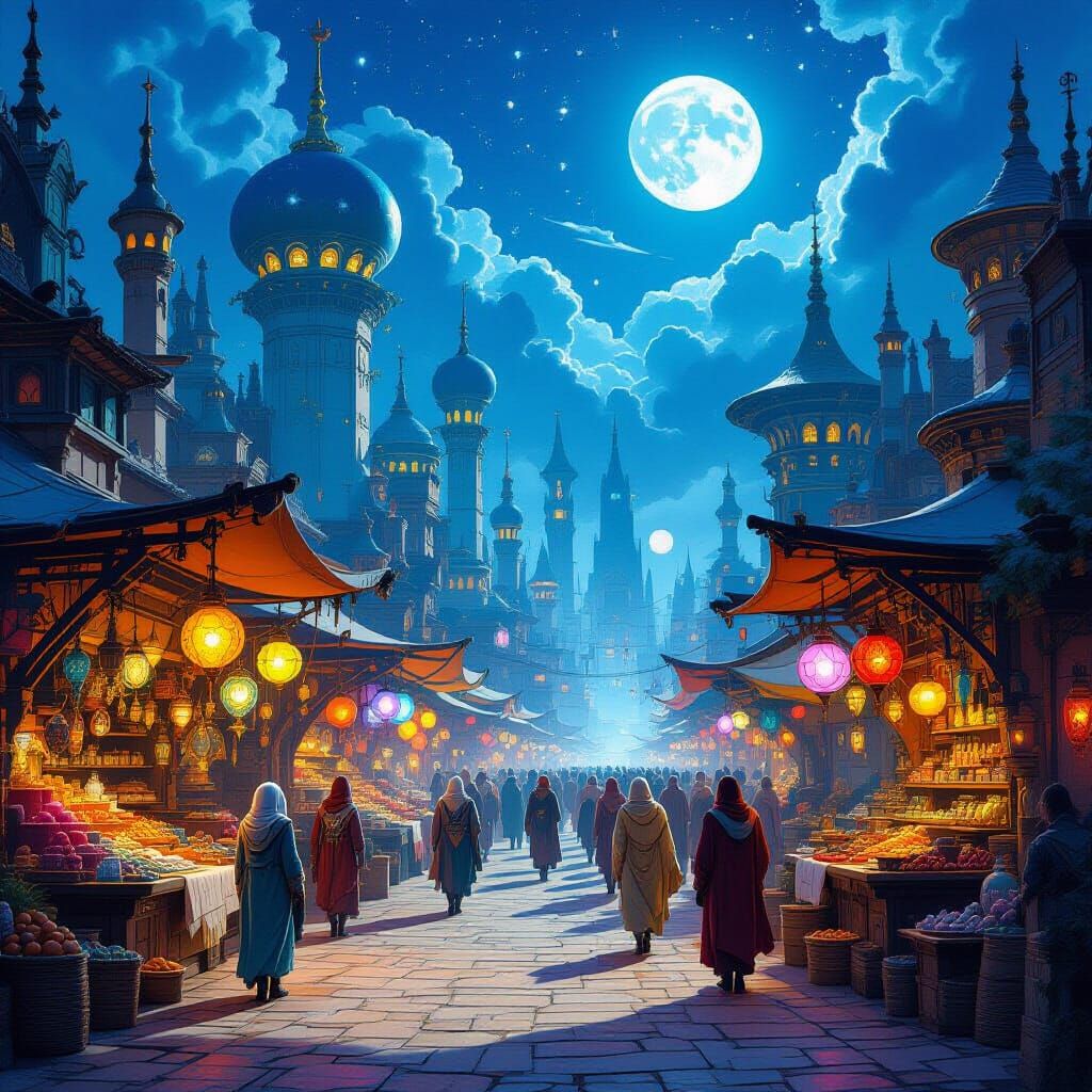 Bustling Alien Marketplace in Fantasy Kingdom