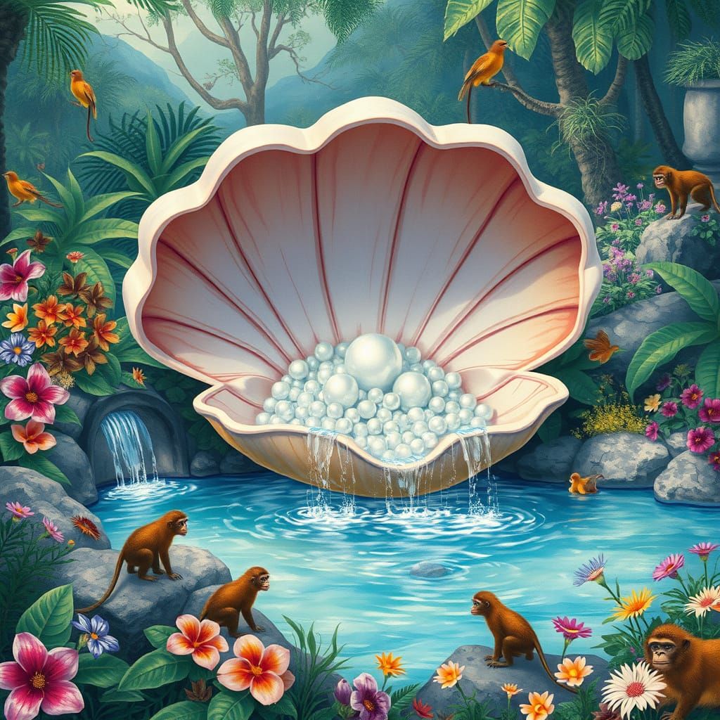 Clam Shell Fountain in Tropical Garden: Arthur Rackham Style