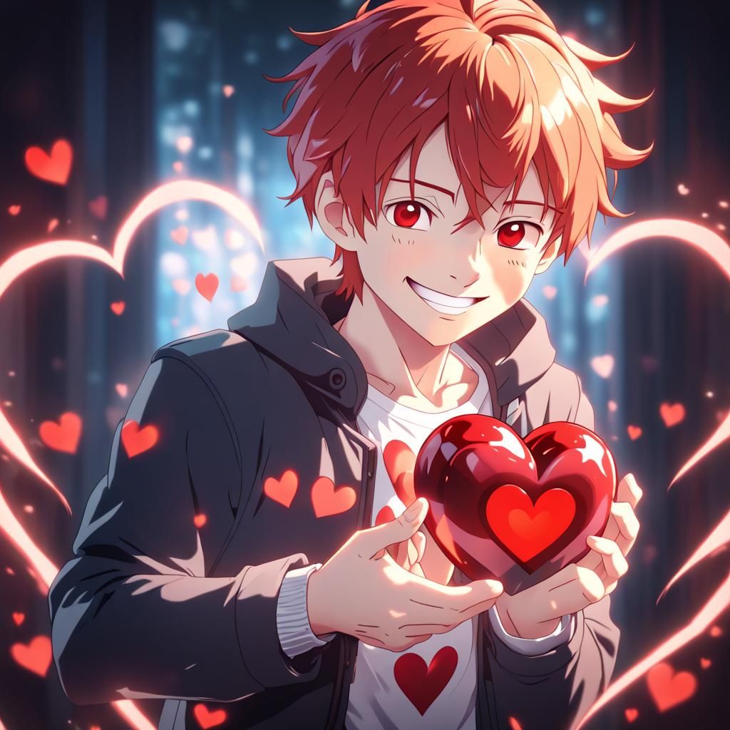 Smiling Red Haired Man Holding Heart: Anime Style