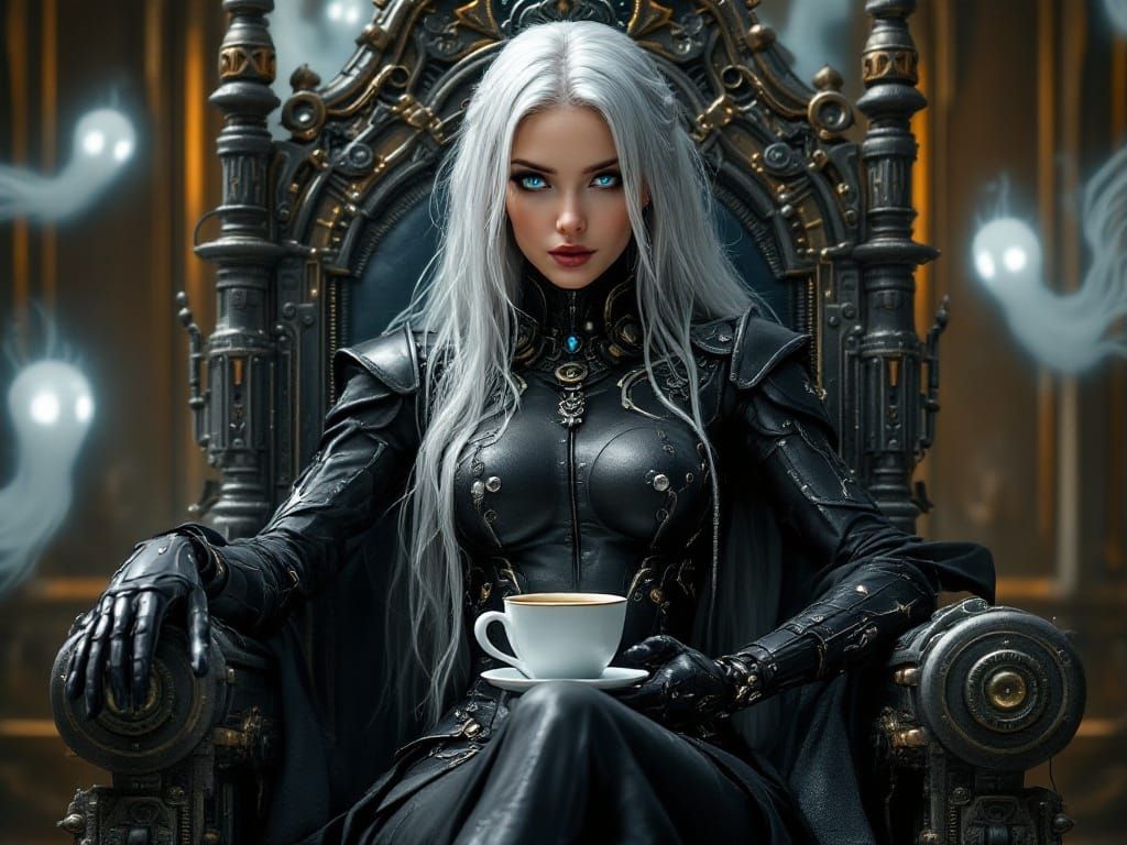 Steampunk Android Queen on Steel Throne with Apparitions