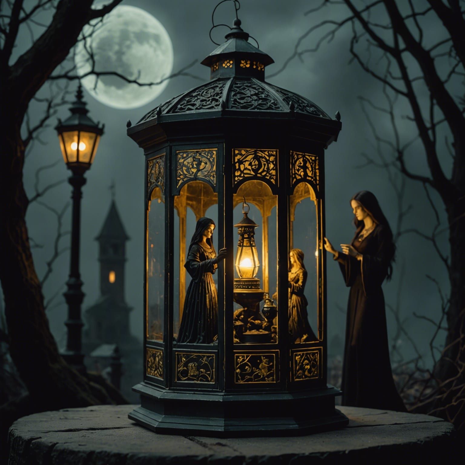 Eerie Vintage Lantern with Sinister Figures