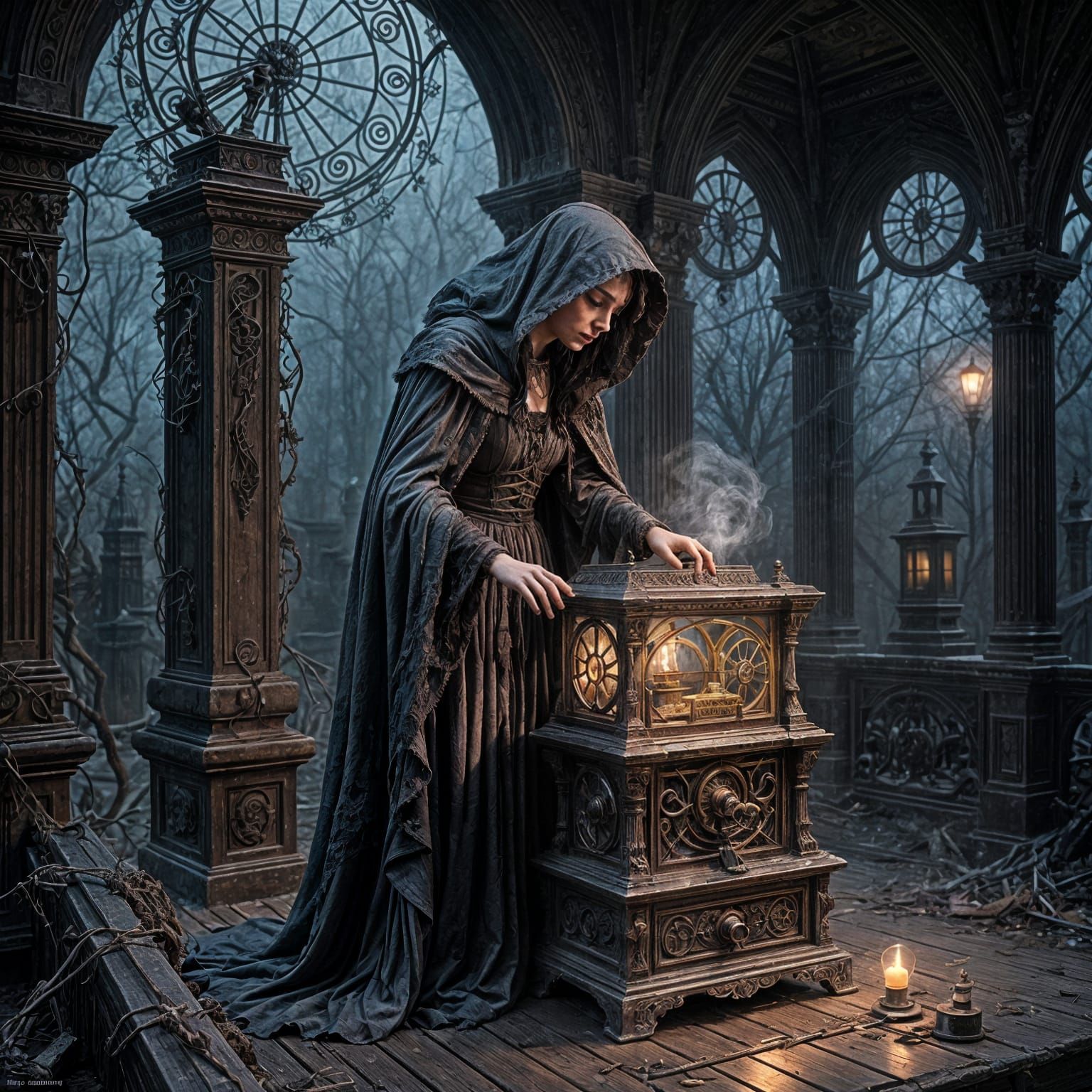 Gothic Witch and Ancient Music Box in Eerie Moonlight