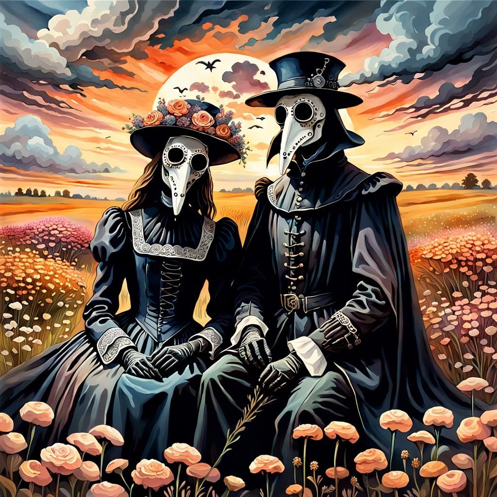 Macabre Plague Doctor Couple in Flower Field