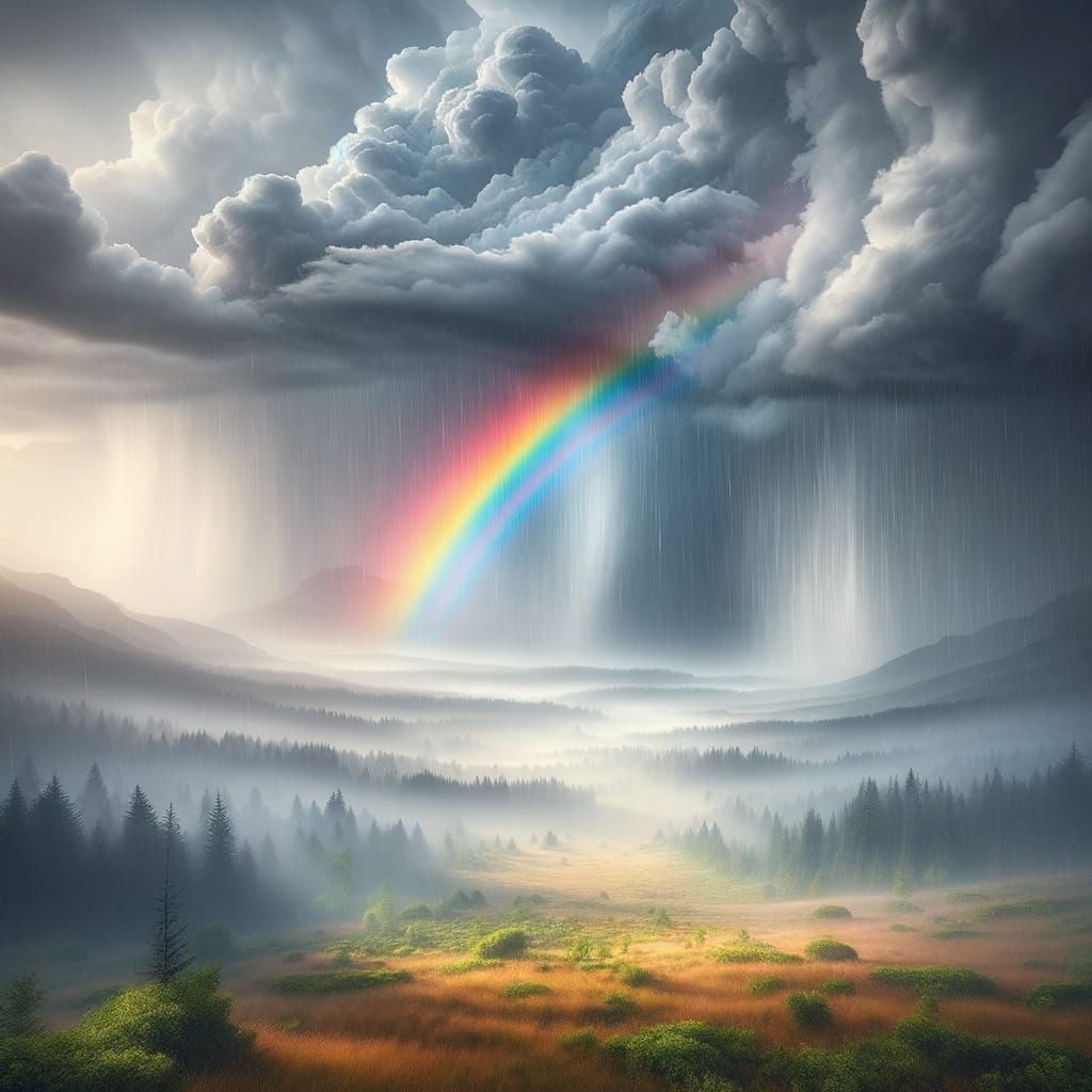 Muted Rainbow Pierces Cloudy Sky After Gentle Rain