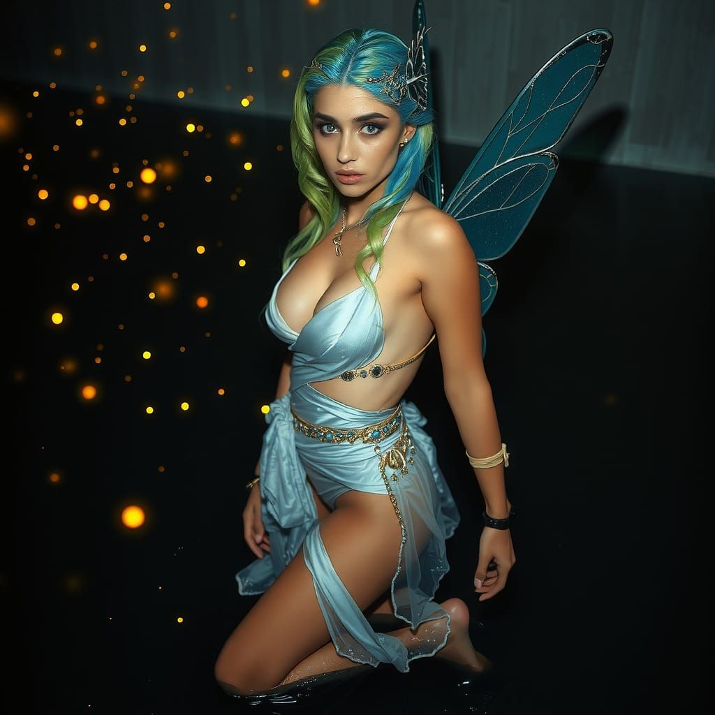 Fit Fairy with Fireflies in Aquatic Setting