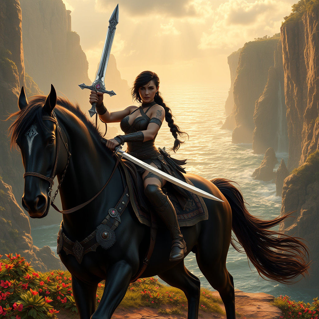 Amazon Warrior Rides Through Mystical Landscape