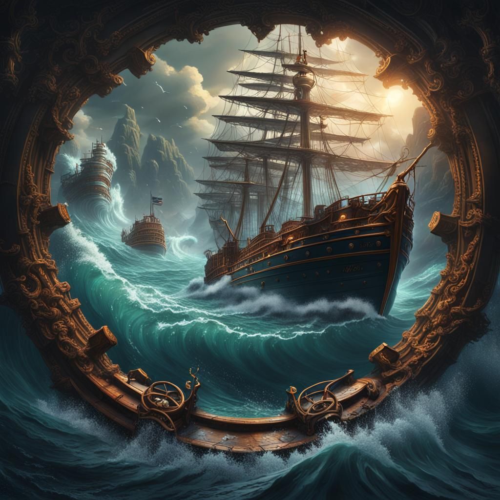 Ship Caught in Fantastical Whirlpool Fantasy Art