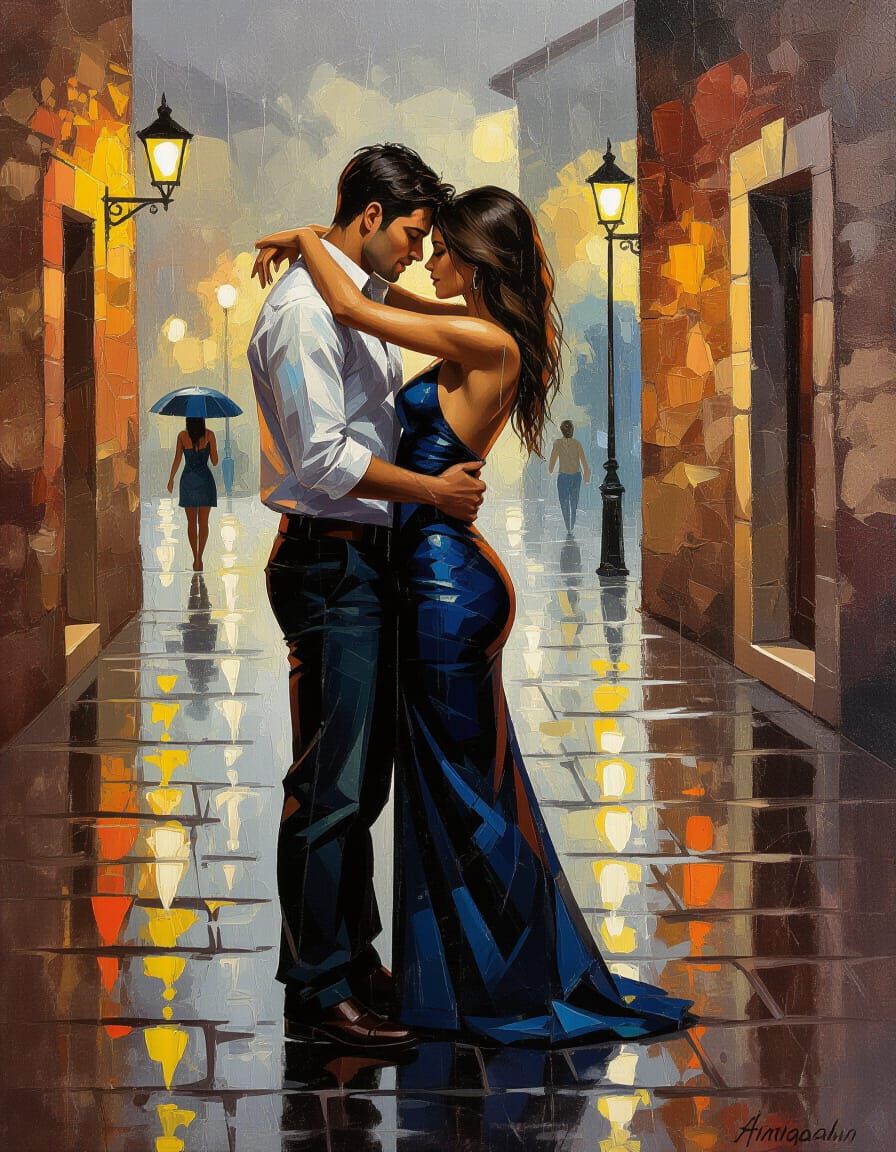 Lovers Embrace in Rain: Impasto Oil Painting