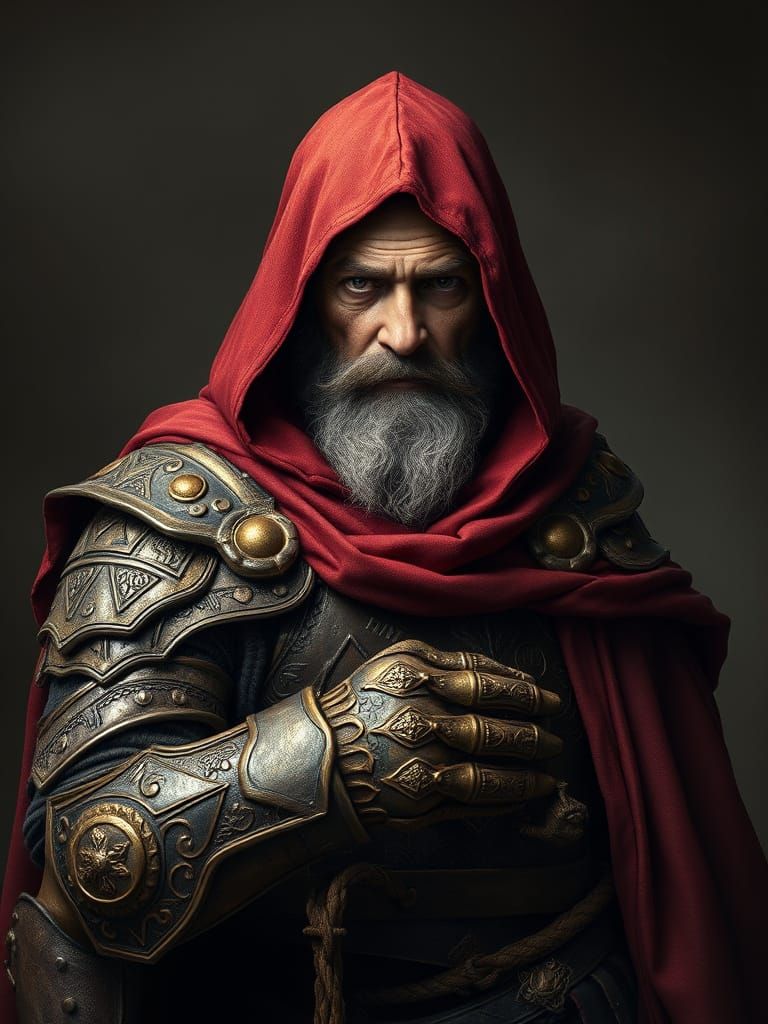 Aged Warrior in Bronze Armor and Red Cape