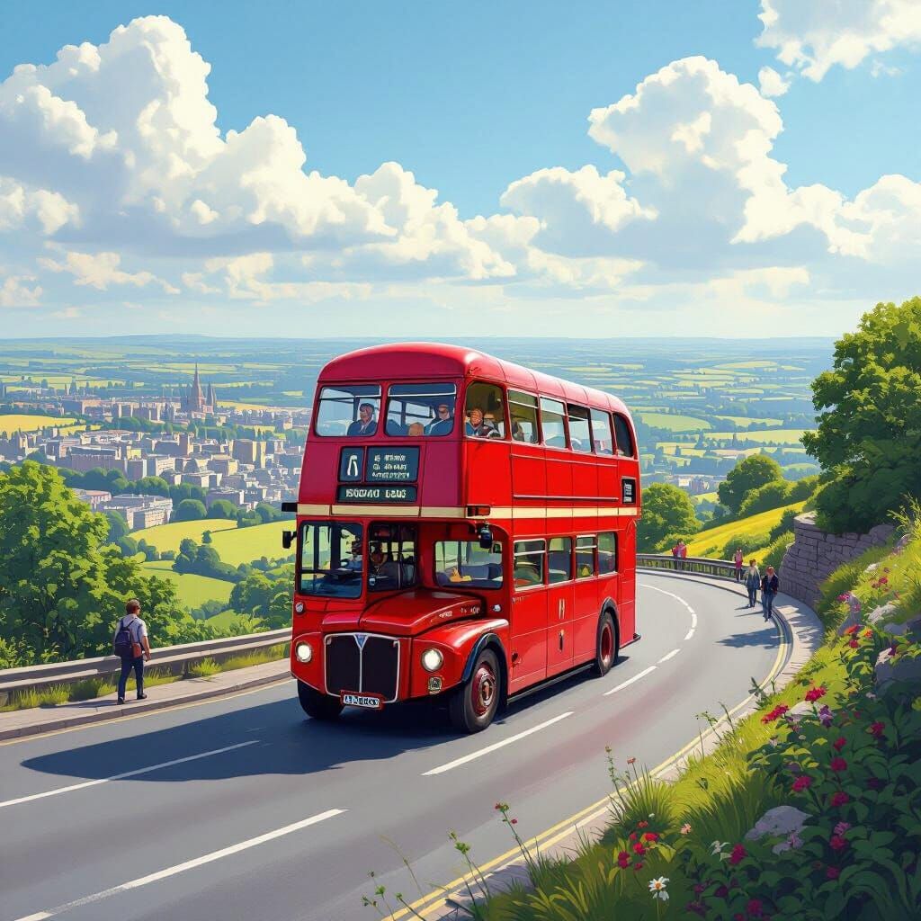 Red London Bus Ascends Victoria Hill in Digital Matte Painti...