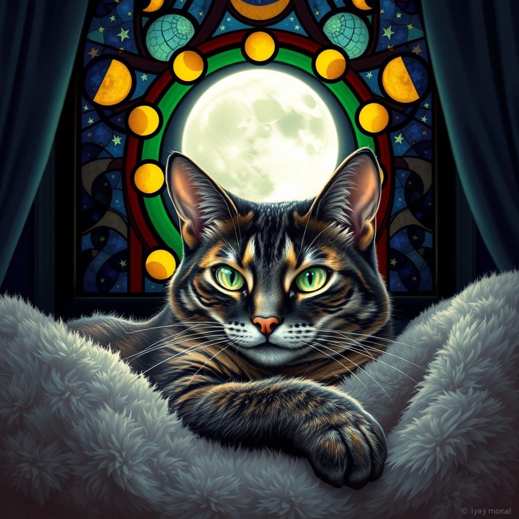 Maine Coon Cat Under Stained Glass Window